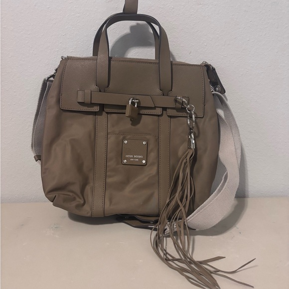 Henri Bendel mini Jetsetter convertible backpack tan beige nylon with tassell main image 5